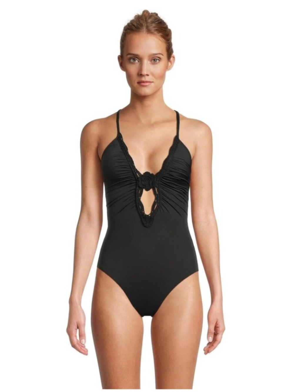 NWT Becca "Colette" Black V-Neck Crochet detail  One-Piece Swimsuit size L